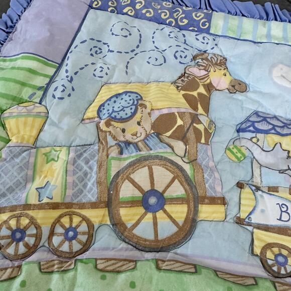 Baby Express Quilt Blanket Blue Ruffle Patchwork Animals Train Nursery Decor - Picture 3 of 11